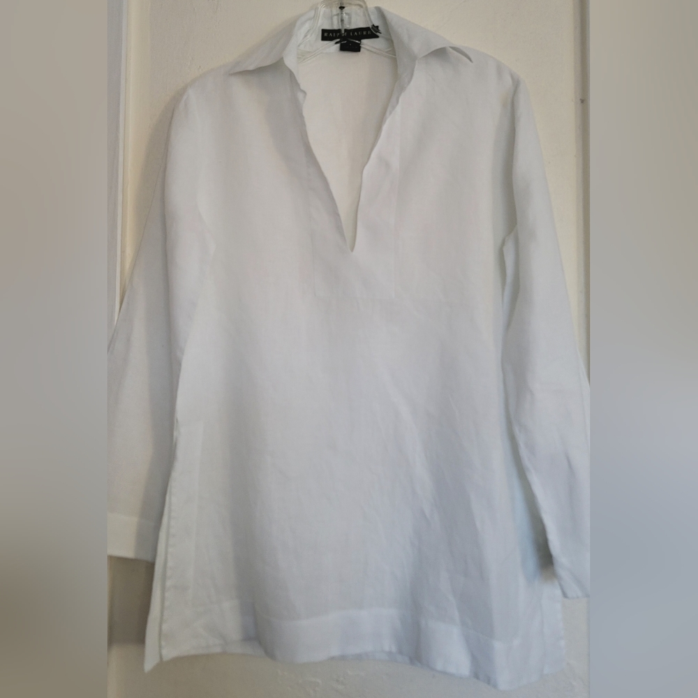 Ralph Lauren Black Label White Linen Tunic Top Womens Size 4 Long Sleeve